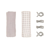 2 pack organic muslin swaddles & 4 peg gift set - Gingham Grey