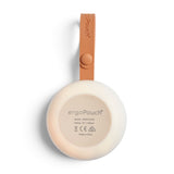 White ergonomic pouch with brown strap on a white background