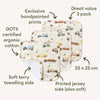 Three baby bibs with vehicle pattern, labeled for features like organic cotton and soft texture.