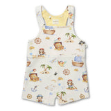 A baby romper with an off-white base featuring a colorful pirate-themed print with monkeys, treasure chests, palm trees, ships, and anchors. The inner collar is a soft pastel yellow, and the brand label reads 'Euphoric'.