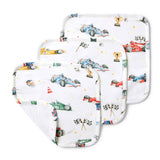 Three baby blankets with race car pattern on a white background