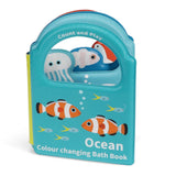 Ocean-themed color-changing bath book with illustrations of fish and sea creatures on a blue background.