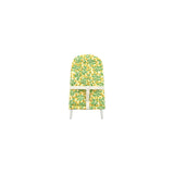 A modern chair with a yellow and green floral patterned fabric upholstery and a white wooden seat frame, shown against a solid white background.