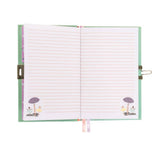 Open notebook with lined pages and decorative edges on a white background