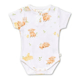A white short-sleeve baby bodysuit featuring a cute watercolor print of pigs, chicks, and small green plants, displayed flat against a white background.