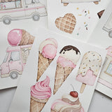 A set of watercolor-style ice cream and dessert illustrations printed on white cards, including pink ice cream cones, soft serve, popsicles, waffles, sprinkles, and pink delivery trucks.
