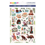 Sticker sheet with animal characters reading books, branded 'Moonbow Creative Co'.