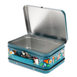 Blue metal lunch box with floral design on a white background