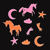Colorful unicorn and star-shaped objects on a black background
