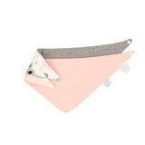 Triangular baby blanket with gray, pink, and white patterns on a white background