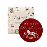 Snuggle Hunny Santa's Toy Shop reversible baby's first Christmas milestone card with vintage Christmas toy illustrations.