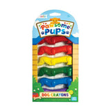 Packaging of colorful dog crayons with 'Pawsome Pups' branding on a white background.