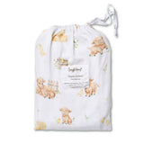 A white drawstring storage bag with a printed pattern of cute watercolor animals, including a cat, rabbit, duck, sheep, and chicks. A white paper label in the center reads 'Simply Honey Organic Cut Sheet'.