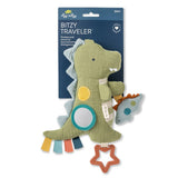 Dinosaur-shaped toy with colorful tags and a blue packaging label on a white background