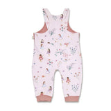 Pink children's overalls with fairy and flower pattern on a white background