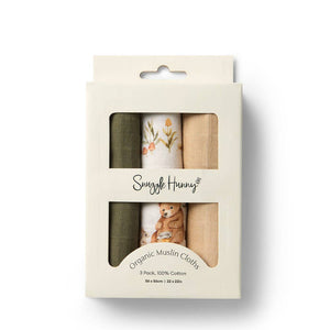 Snuggle Hunny organic muslin cloths packaging with three different designs on a white background