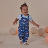 Child wearing a blue patterned outfit with balloons in the background