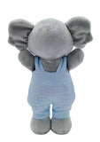 Plush elephant toy wearing blue overalls on a white background