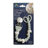 Itzy Paci Strap Plus silicone pacifier clip and strap set in sage green, featuring duck-shaped beads and a silver metal clip, shown on its dark blue retail packaging card.