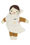Toy figure of a character in a white outfit with brown sleeves and pants on a white background