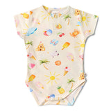Baby onesie with summer-themed colorful patterns on a white background