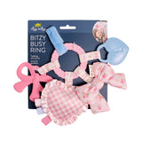 Pink and blue 'Bitzy Busy Ring' toy set with packaging on a white background