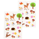 Set of forest-themed stickers with animals, trees, and flowers on a white background