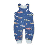 Blue children's overalls with race car pattern on a white background