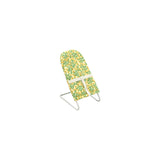 A vintage-style metal chair with a yellow and green floral patterned cushion, shown on a plain white background.