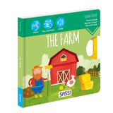 Sound book titled 'The Farm' by SASSI with a farmer and barn illustration on a green background.