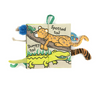 Children's soft book with animal illustrations and movable parts on a white background