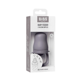 BIBS Baby Feeder 2 silicone nipples in a dark gray color, shown inside its white and gray retail packaging box against a white background.