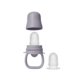 A silicone baby teether bottle accessory in a muted lavender-gray color, shown with its cap removed and a second clear silicone insert piece beside it on a plain white background.