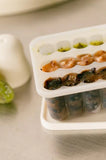 Ice cube tray with frozen food cubes on a wooden surface