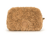 Brown fluffy pouch with a brand logo on a white background