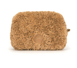 Brown fluffy pouch with a brand logo on a white background