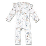 Floral-patterned baby romper on a white background