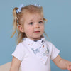 Young child wearing a white shirt with a floral bib against a blue background