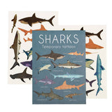 Two sheets of shark temporary tattoos displayed on a white background, with one sheet featuring a blue central panel labeled 'SHARKS Temporary tattoos' surrounded by illustrated shark designs, and another sheet showing additional shark designs behind it.