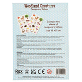 Back of the packaging for Rex London Woodland Creatures Temporary Tattoos, showing the two sheets of temporary tattoos with deer, trees, and flowers, along with product details, ingredients, and a barcode.