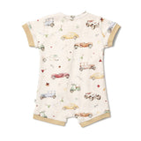 A short-sleeve baby romper in cream with an all-over vintage car print and beige ribbed trim on the sleeves and leg cuffs, shown flat against a white background.