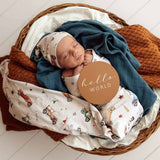 Newborn baby wrapped in a blanket with 'hello world' sign in a basket