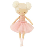 Doll with blonde hair styled in pigtails, wearing a pink dress and white shoes on a white background