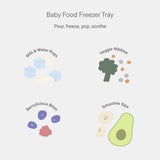Baby food freezer tray with illustrations of different baby food types on a white background.
