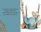 Illustration of a blue elephant sitting among plants with a quote on a light blue background