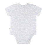 Baby romper with blue floral pattern on a white background