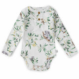 Baby bodysuit with nature-themed print on a white background