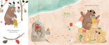 A whimsical illustrated children's book spread showing a bear and a mouse building sand castles on a beach, with small text captions and simple watercolor-style drawings.