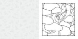 Black and white line art illustration of a whimsical forest scene with stylized trees and a small figure, shown on a light gray background with a faint repeating pattern on the left.