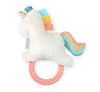 White plush toy with colorful accents and a pink rattle on a white background
